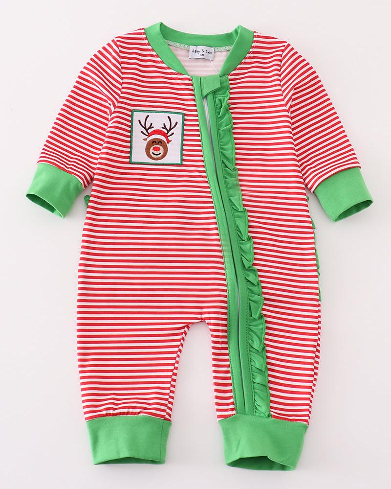 Red Stripe Christmas Reindeer Embroidered Ruffle Girl Romper