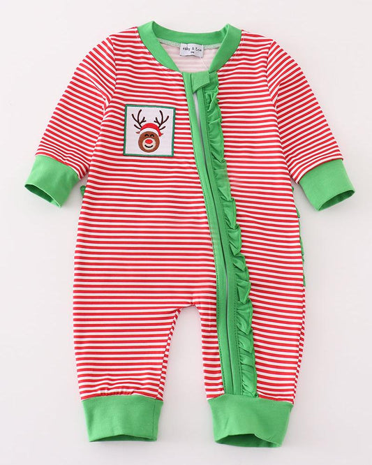 Red Stripe Christmas Reindeer Embroidered Ruffle Girl Romper