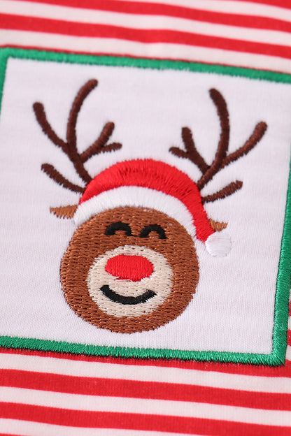 Red Stripe Christmas Reindeer Embroidered Ruffle Girl Romper