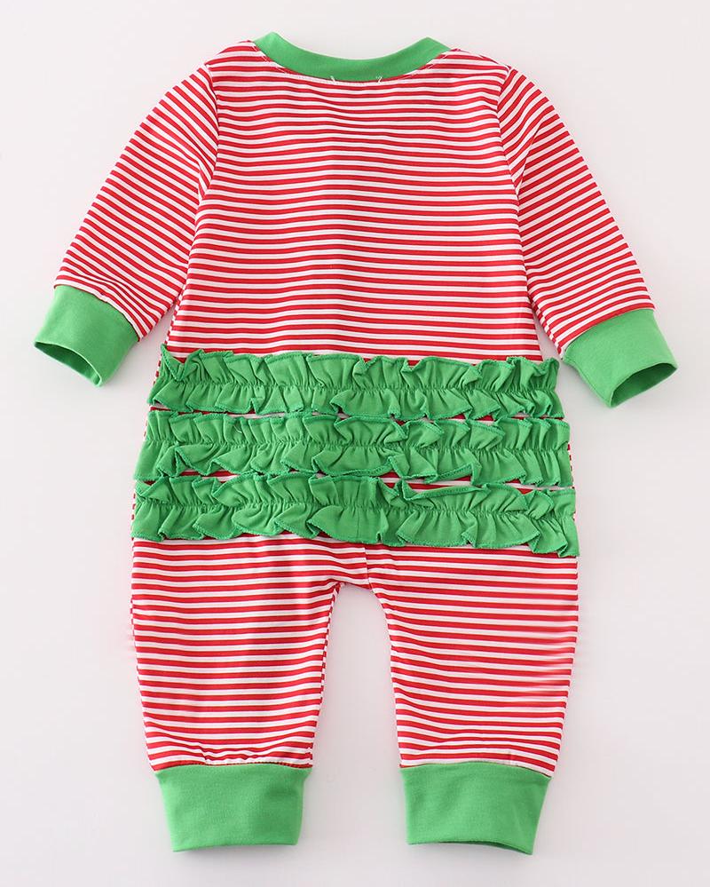 Red Stripe Christmas Reindeer Embroidered Ruffle Girl Romper