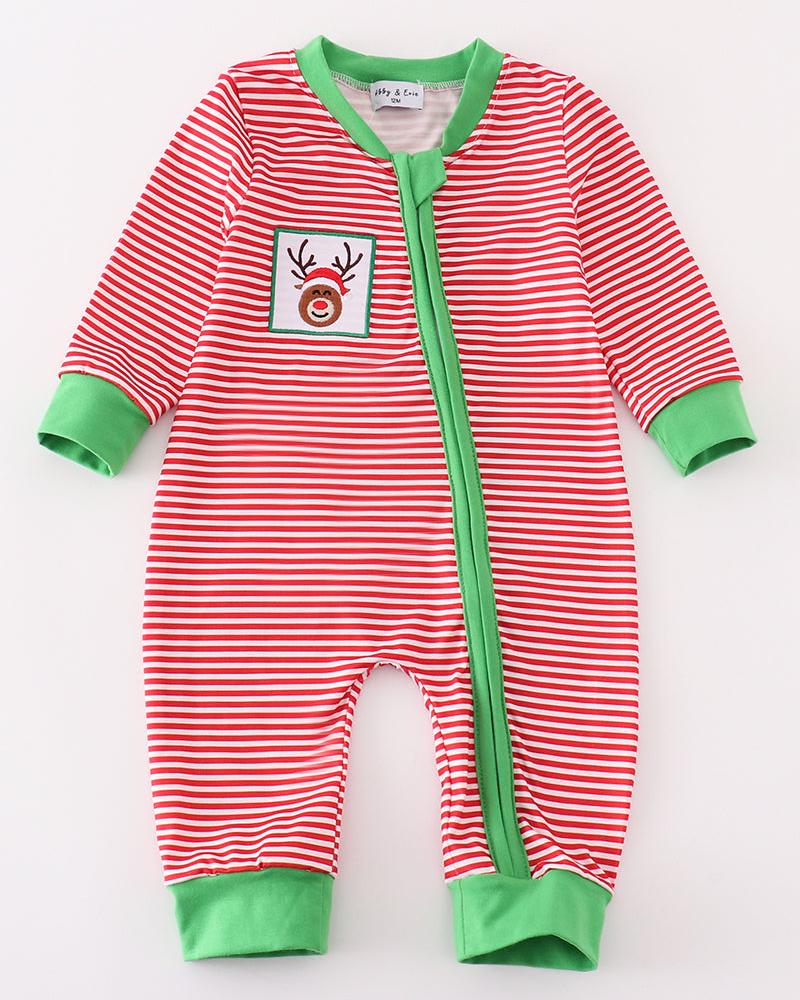 Red Stripe Christmas Reindeer Embroidered Boy Romper