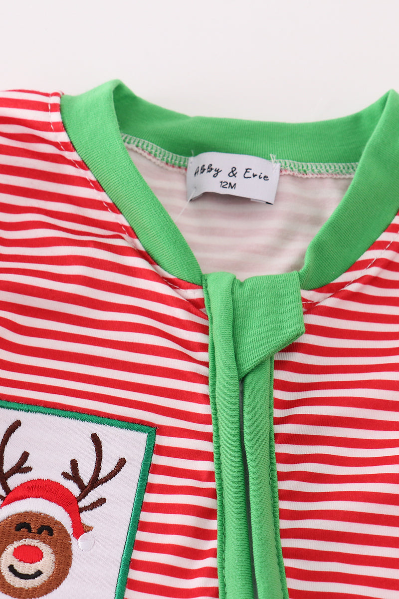 Red Stripe Christmas Reindeer Embroidered Boy Romper