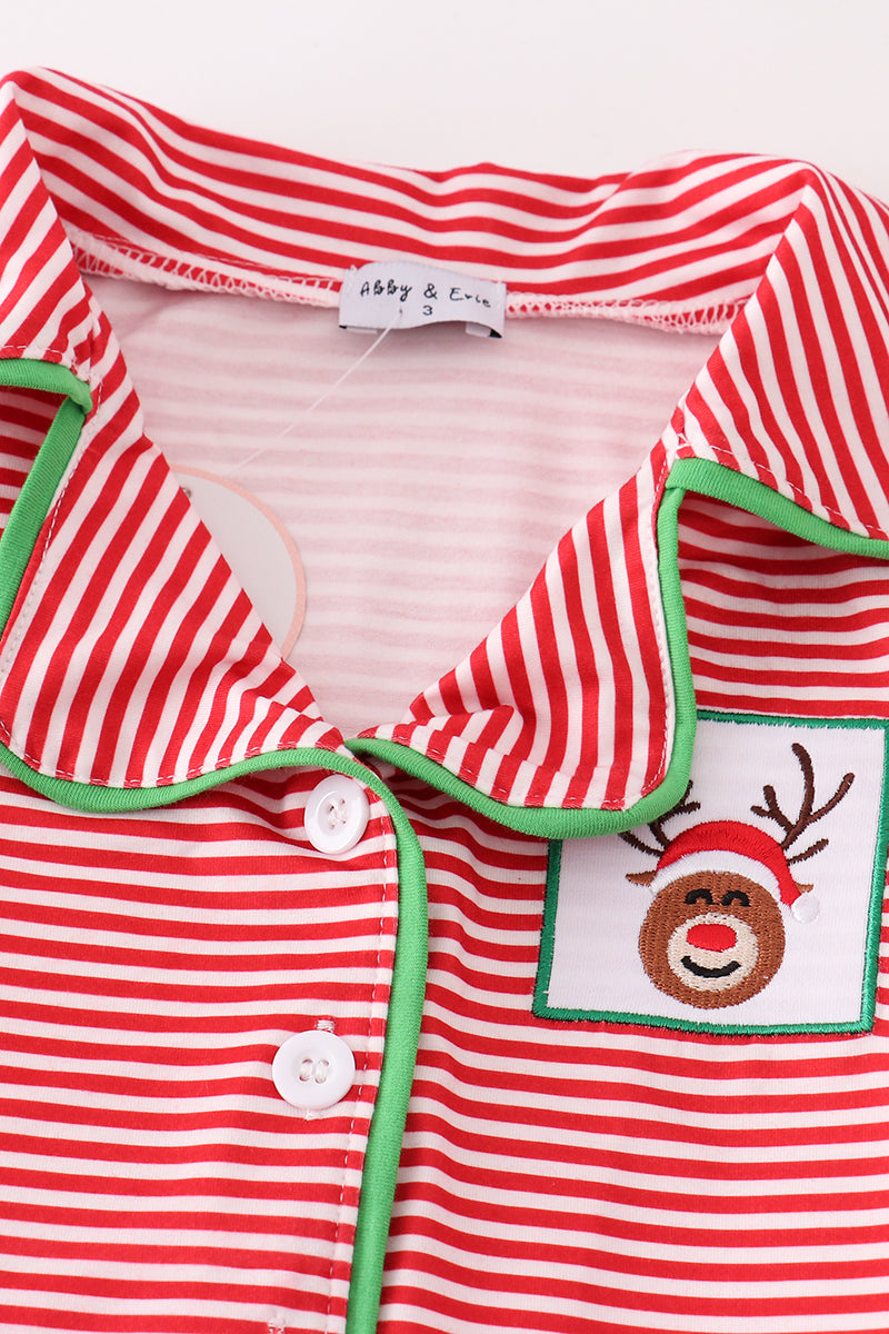 Red Stripe Christmas Reindeer Embroidered Girl Pajamas Set