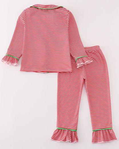 Red Stripe Christmas Reindeer Embroidered Girl Pajamas Set