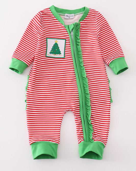 Red Stripe Christmas Tree Ruffle Girl Romper