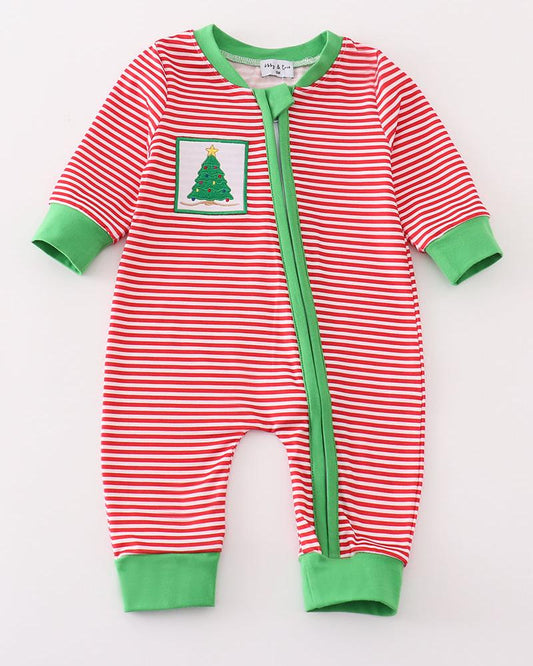 Red Stripe Christmas Tree Embroidered Boy Romper