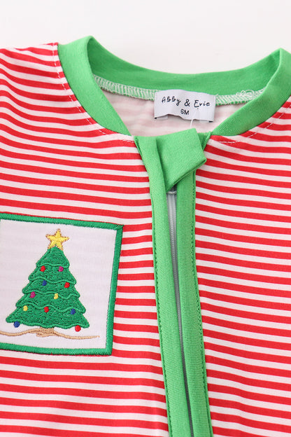 Red Stripe Christmas Tree Embroidered Boy Romper