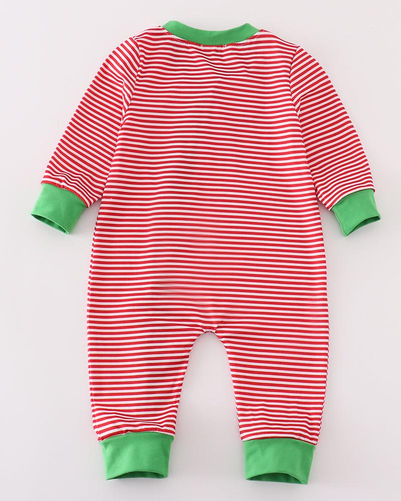 Red Stripe Christmas Tree Embroidered Boy Romper