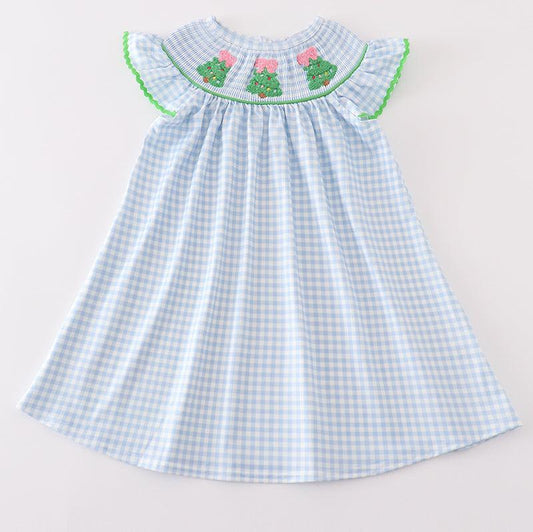 Christmas Tree French Knot Blue Smocked Dress