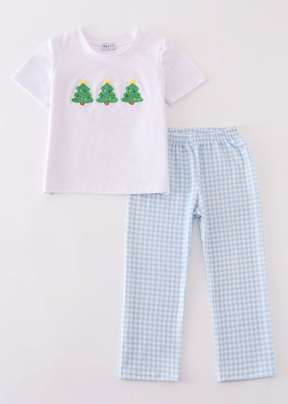 Christmas Tree French Knot Blue Smocked Boy Set