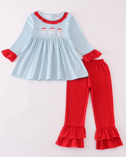 Blue Stripe Santa Embroidered Girl Set