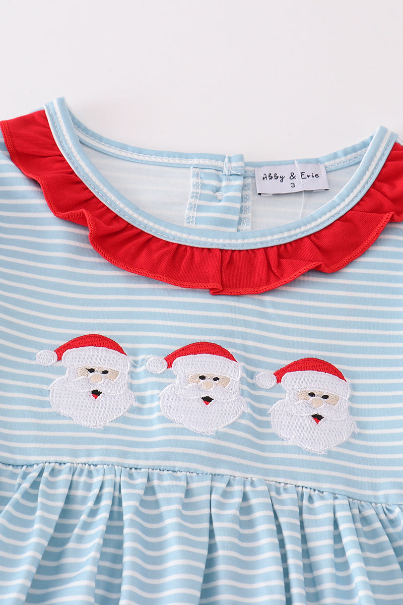 Blue Stripe Santa Embroidered Girl Set