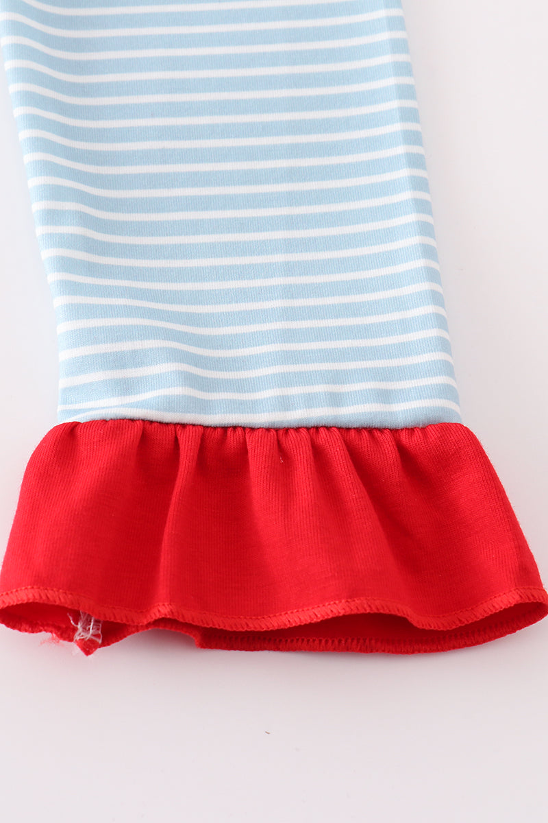 Blue Stripe Santa Embroidered Girl Set