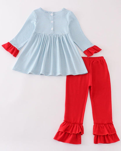 Blue Stripe Santa Embroidered Girl Set