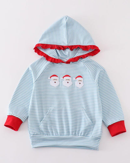 Blue Stripe Santa Ruffle Embroidered Hoodie