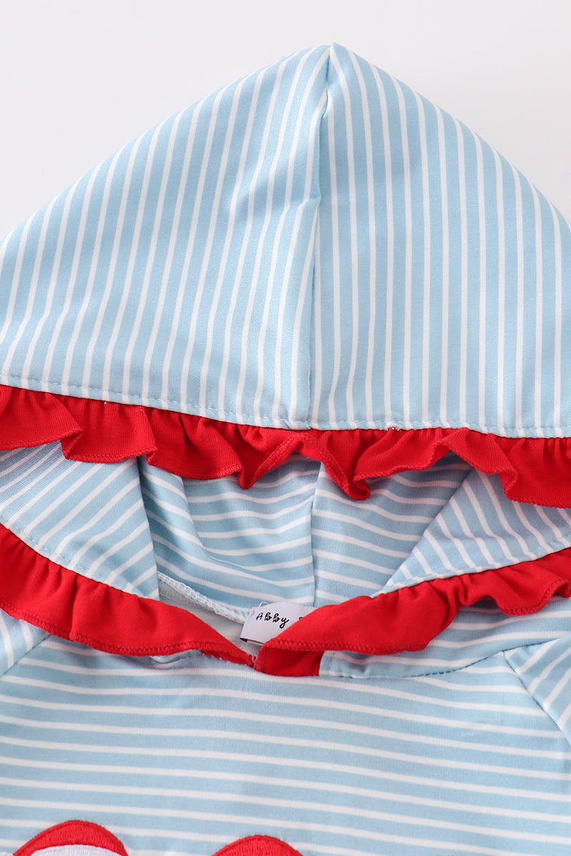 Blue Stripe Santa Ruffle Embroidered Hoodie