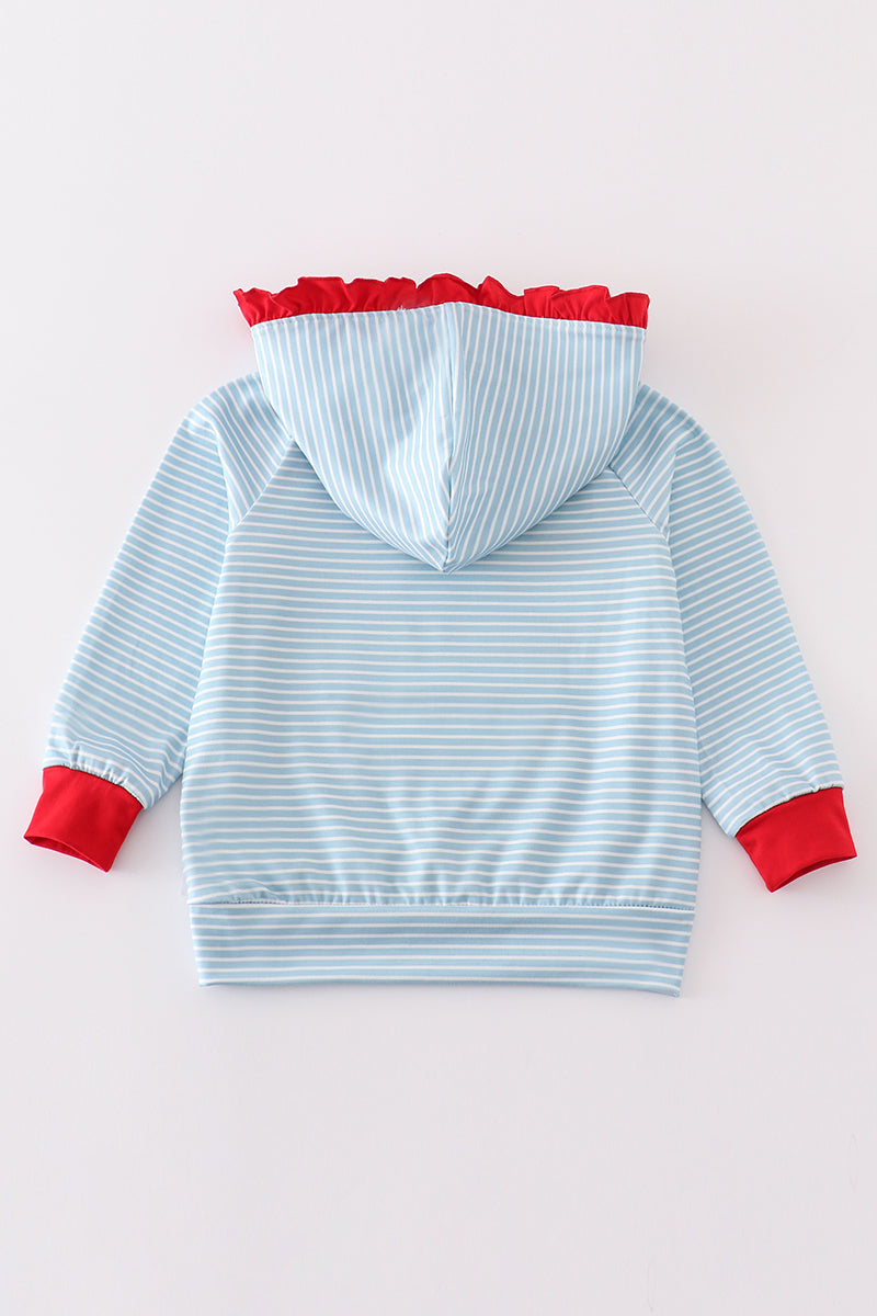 Blue Stripe Santa Ruffle Embroidered Hoodie