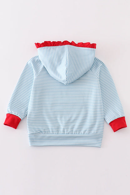 Blue Stripe Santa Ruffle Embroidered Hoodie