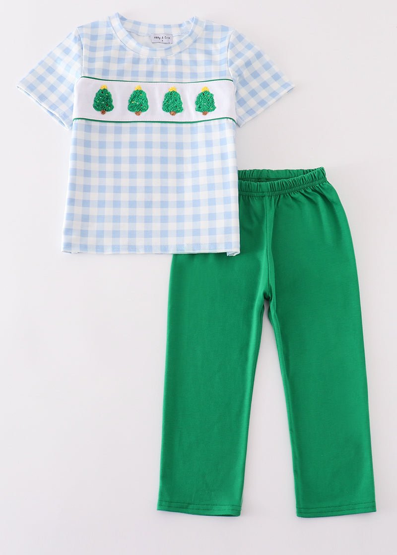 Christmas Tree French Knot Blue Pants Set