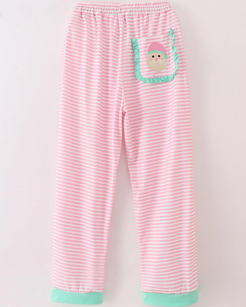 Christmas Santa Claus Embroidered Pink Stripe Women’s Pajama Pants