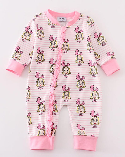 Christmas Lou Who Print Pink Zipper Girl Romper