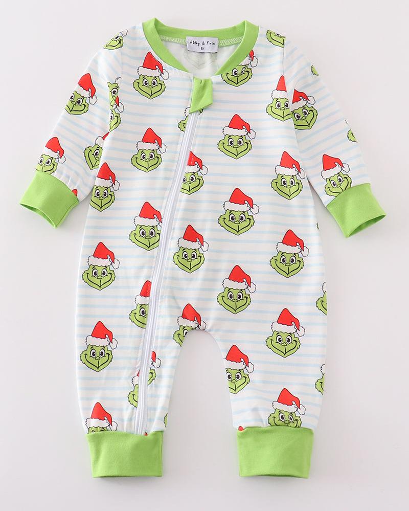 Green Guy Christmas Print Zipper Boy Romper