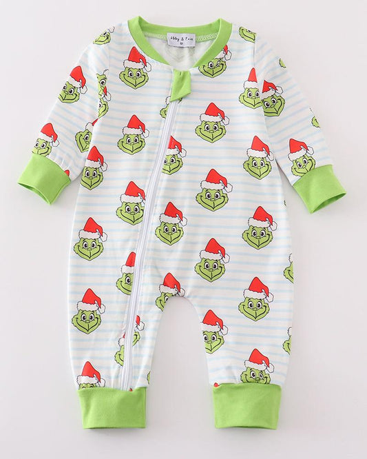 Green Guy Christmas Print Zipper Boy Romper