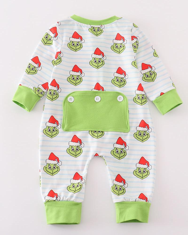 Green Guy Christmas Print Zipper Boy Romper