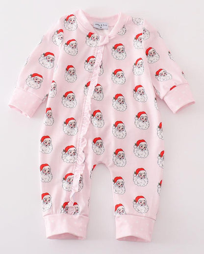 Santa Claus Print Pink Zipper Girl Romper