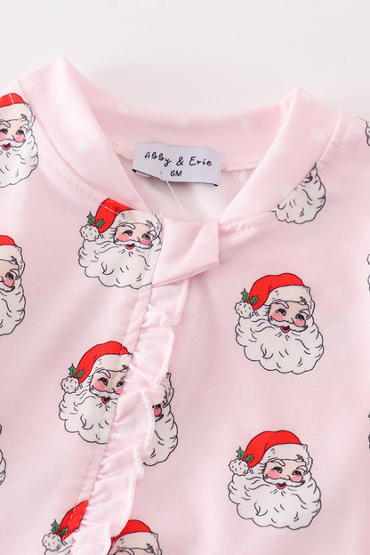 Santa Claus Print Pink Zipper Girl Romper