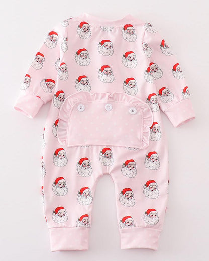 Santa Claus Print Pink Zipper Girl Romper