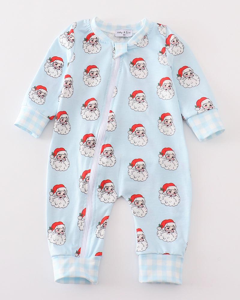 Santa Print Zipper Blue Baby Romper