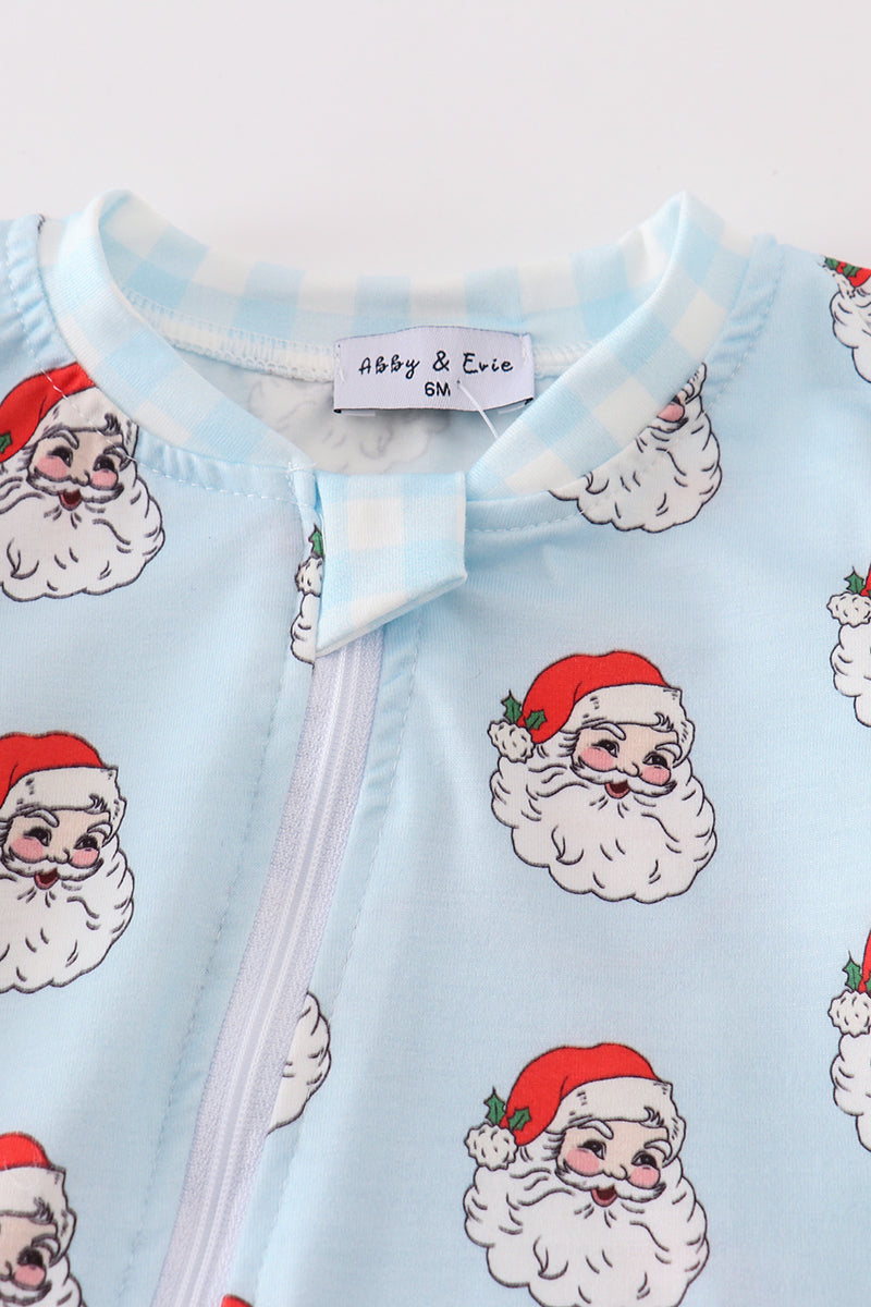 Santa Print Zipper Blue Baby Romper