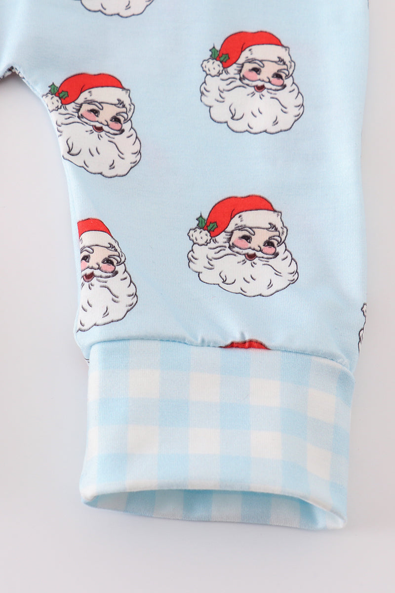 Santa Print Zipper Blue Baby Romper