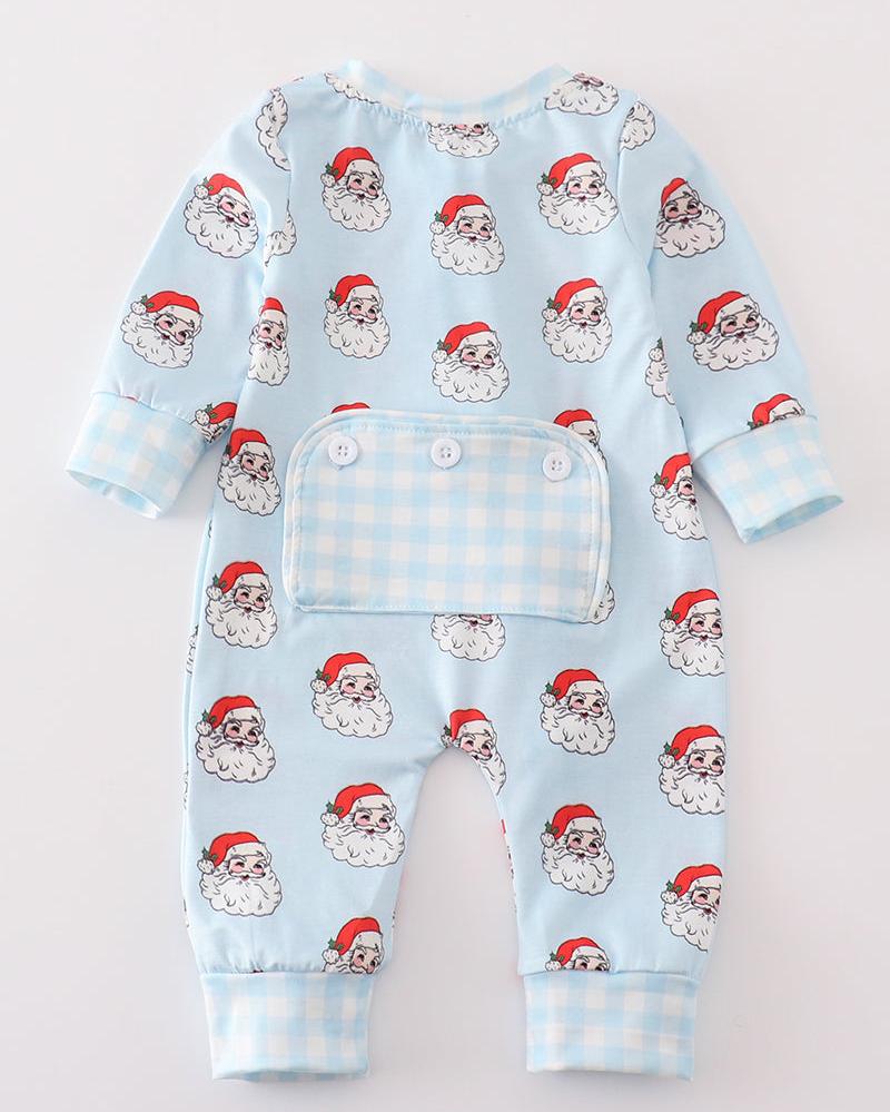 Santa Print Zipper Blue Baby Romper