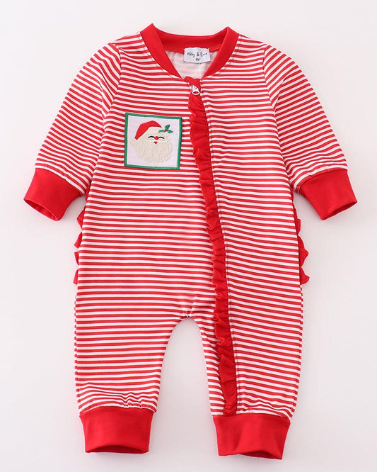 Red Stripe Christmas Santa Embroidered Zipper Ruffle Romper