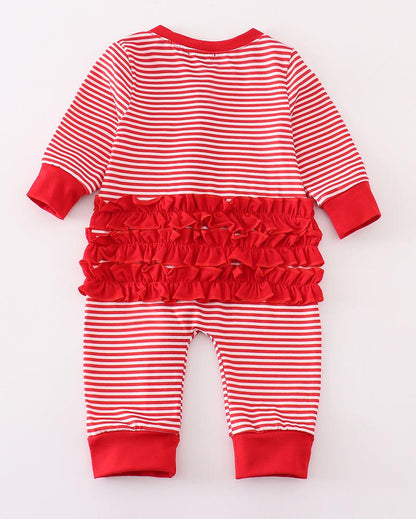 Red Stripe Christmas Santa Embroidered Zipper Ruffle Romper