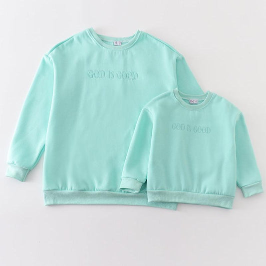 God is Good Embroidered Mint Mom+Me Fleece Sweatshirt