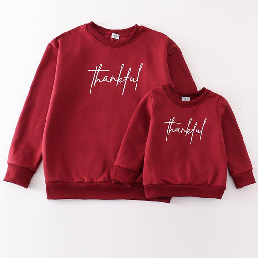 Thankful Print Maroon Mom+Me Fleece Sweatshirt