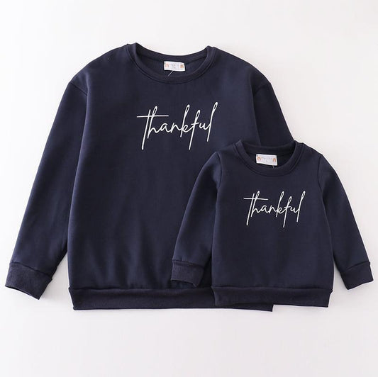 Thankful Print Navy Mom+Me Fleece Sweatshirt