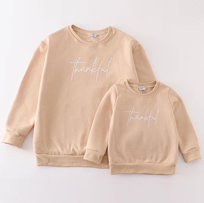 Thankful Embroidered Beige Mom+Me Fleece Sweatshirt