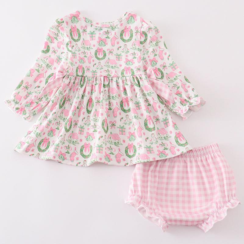 Festive Pink Christmas Print Baby Bloomers Set