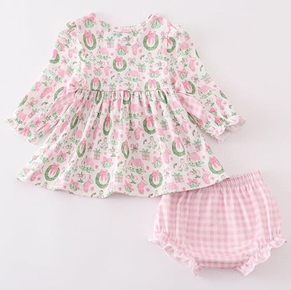 Festive Pink Christmas Print Baby Bloomers Set