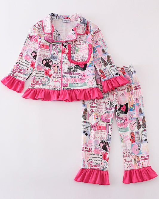 TS Pink Music Print Girl Pajamas Set