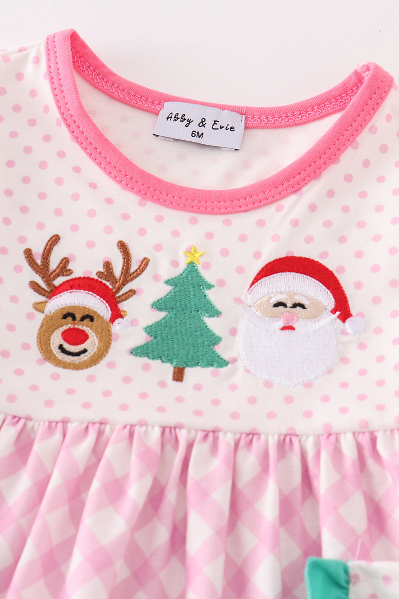 Christmas Santa Reindeer Tree Embroidered Pink Girl Bloomers Set