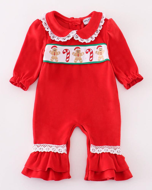 Red Velvet Gingerbread Embroidered Girl Ruffle Romper