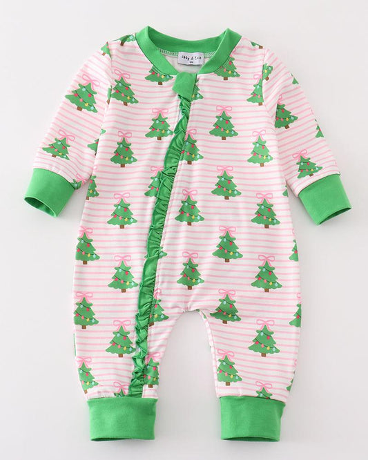 Christmas Tree Print Green Ruffle Zip Romper