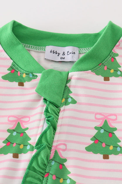 Christmas Tree Print Green Ruffle Zip Romper