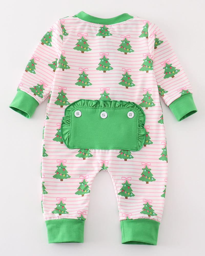 Christmas Tree Print Green Ruffle Zip Romper