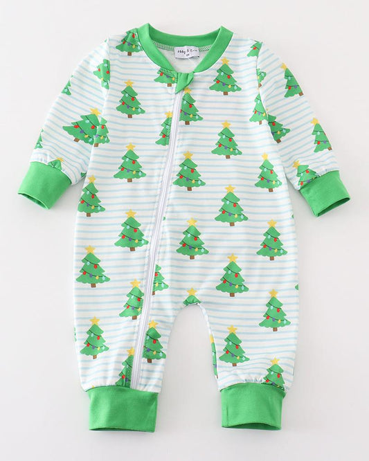 Christmas Tree Print Green Zip Romper